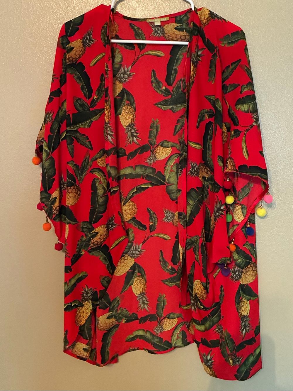 Red Pineapple-Print Kimono Jacket Gianni Bini Pom Pom coverup size L